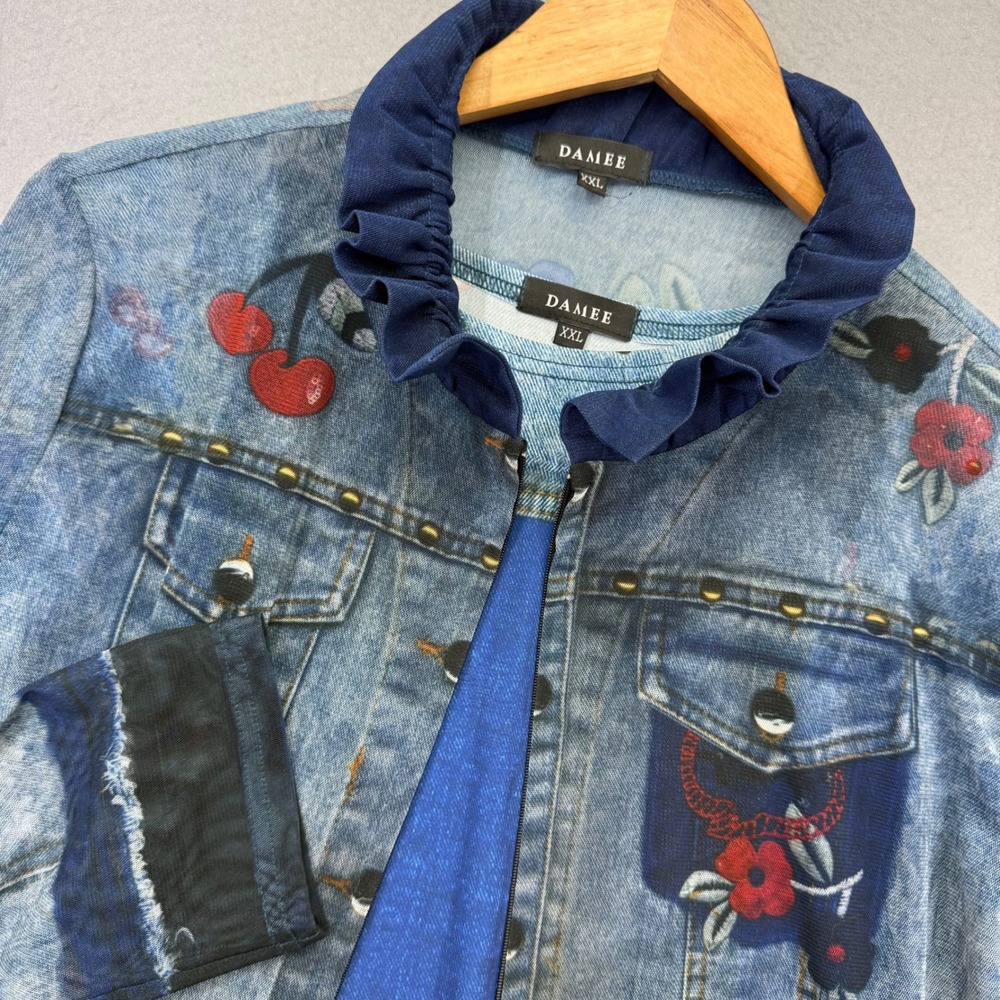 Damee Womens XXL 2 Piece Set Jacket Tank Blue Faux Denim Print Floral Cherry Art